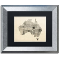 Трговска марка ликовна уметност Стара мапа на разгледници на Австралија Канвас уметност од Мајкл Томпсет, црна мат, сребрена