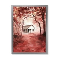 DesignArt 'Црвени есенски шуми и куќа во диви' кабина и ложа врамена уметност печатење