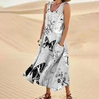 Летни Фустани За Жени Печатени До Глуждот Фустан За Сонце Без Ракави Секојдневен Фустан На Плажа V-Вратот Греј XL