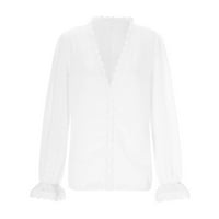 Резервоарот Блузи За Жени Мода Чипка Долги Ракави V - Вратот Еднобојна Туника Бела С