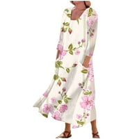Гдфун Женски Секојдневен Удобен Цветен Принт Три Четвртини Ракави Памучен Џебен Фустан--женски летни фустани миди должина есенски