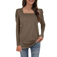 женски квадратни вратот долг ракав издувам ракав врвот еднобојна пуловер лабава обична маица