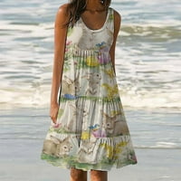 Womenените летен необичен без ракав врат Велигденски ден печатени фустани со средна должина лабава дозвола за фустан