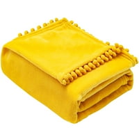 Nexhome Fleece фрли ќебе со пом пом раб жолто меко пријатно лесен кадифен кревет, ќебе за фланел за микрофибер за кауч