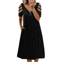 Женски Краток Ракав А-Линија Мода Со Средна Должина V-Вратот Цветен Летен Фустан Црн 2XL